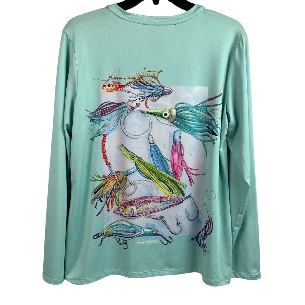 Art & Sol Amber Moran Womens Shirt Seafoam Fishing Lures Stretch V Neck Medium